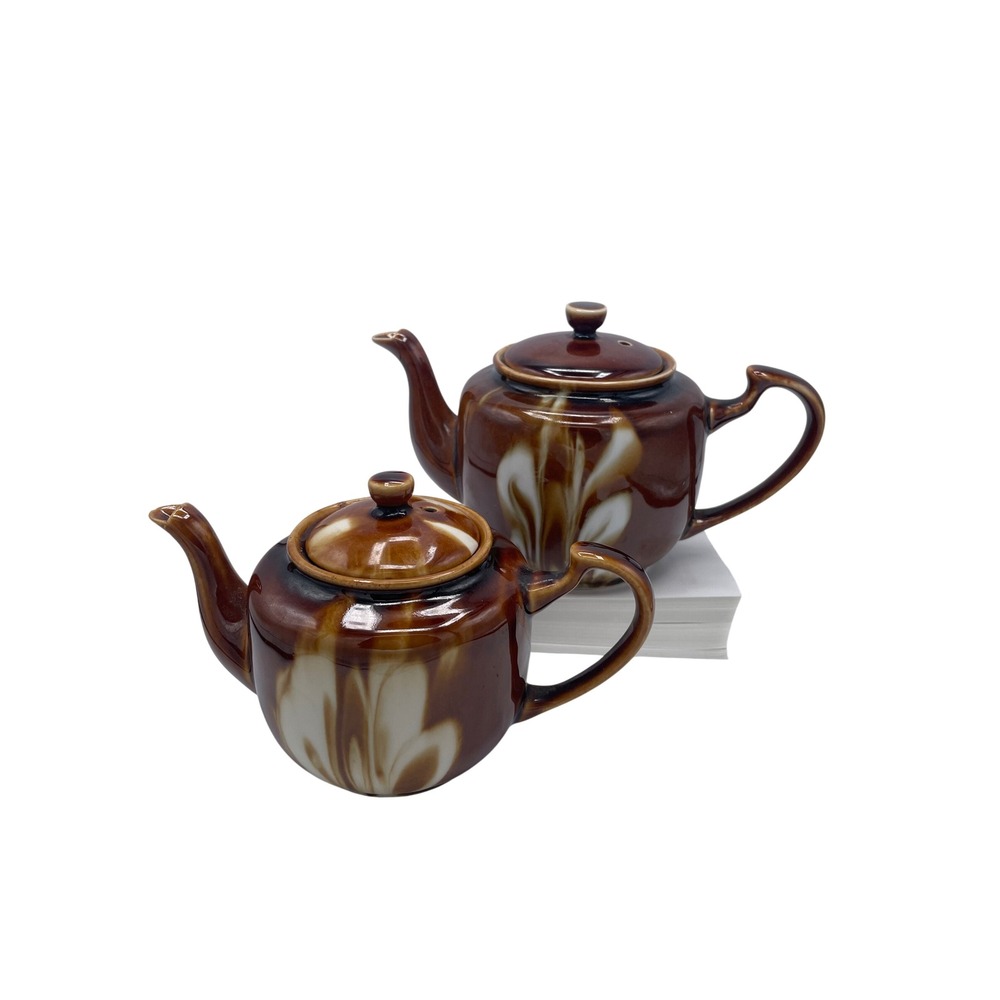 VTG Brown Drip Glaze Ceramic Teapots Set of 2 Retro Tea MCM Cottagecore